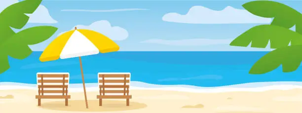 Vector illustration of summer banner with sunbeds, umbrella and palm leaves on the tropical beach