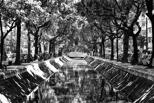 Santos, Brazil. February 09,2016. Canal 3 is considered the most beautiful canal in the city of Santos, Brazil. All bordered by trees.