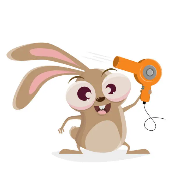 Vector illustration of funny cartoon rabbit with a hair dryer