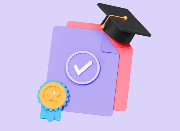 istock 3D Diploma document with graduation hat and award ribbon. Paper with check mark. Certificate and medal. Premium quality. Cartoon creative design icon isolated on purple background. 3D Rendering 1481469130