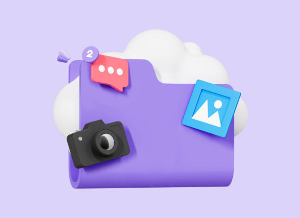 istock 3D Cloud storage with digital data and files. Upload photos and videos to cloud. Online organization service. Download image. Cartoon creative design icon isolated on purple background. 3D Rendering 1481469152