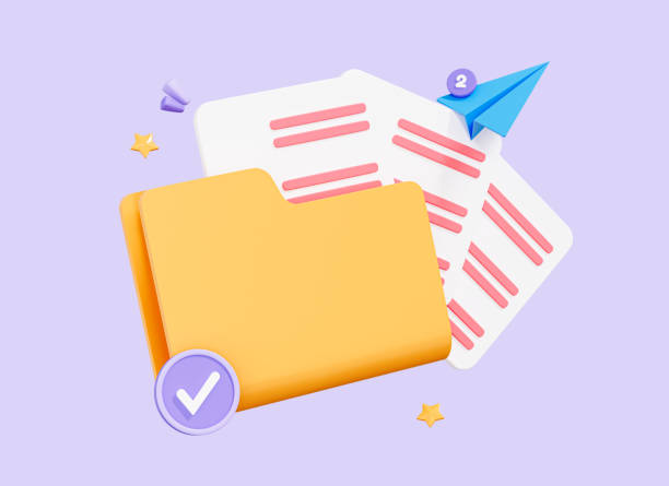 istock 3D Folder with document files. Digital management. Online paperwork and business organisation. Database storage. Project data. Cartoon creative design icon isolated on purple background. 3D Rendering 1481469155
