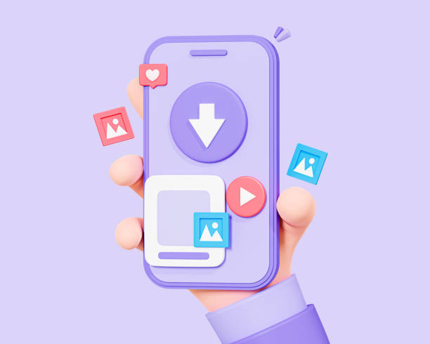 3D Mobile phone with Download button. Hand holding smartphone with upload photo and video files. Social media transfer concept. Cartoon creative design icon isolated on purple background. 3D Rendering teléfono móvil 3d con botón descargar. teléfono inteligente de mano con archivos de carga de fotos y videos. concepto de transferencia de redes sociales. icono de diseño creativo de dibujos animados aislado sobre fondo púrpura. renderizado 3d