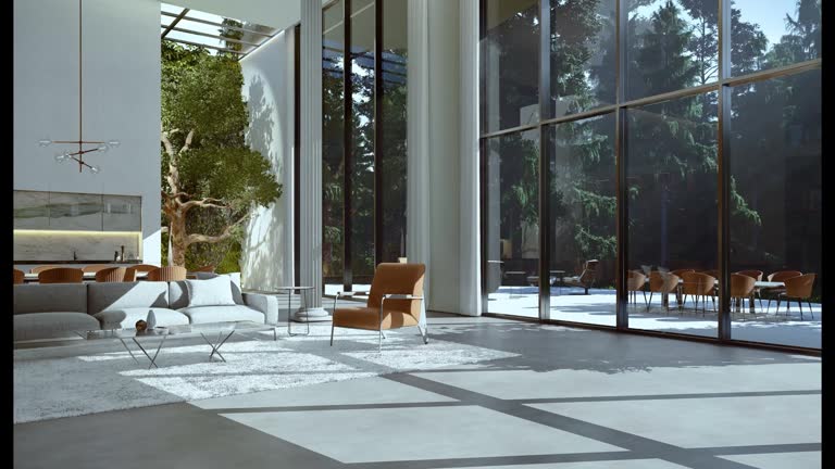 3d render animation video of tall luxury big living room with trees and vertical garden
