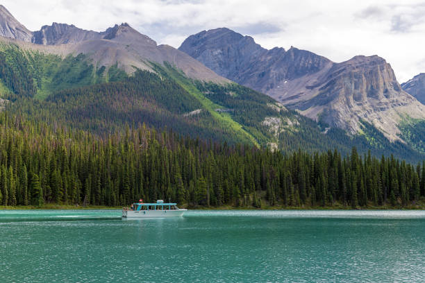 maligne lake boat, canada - lago maligne foto e immagini stock