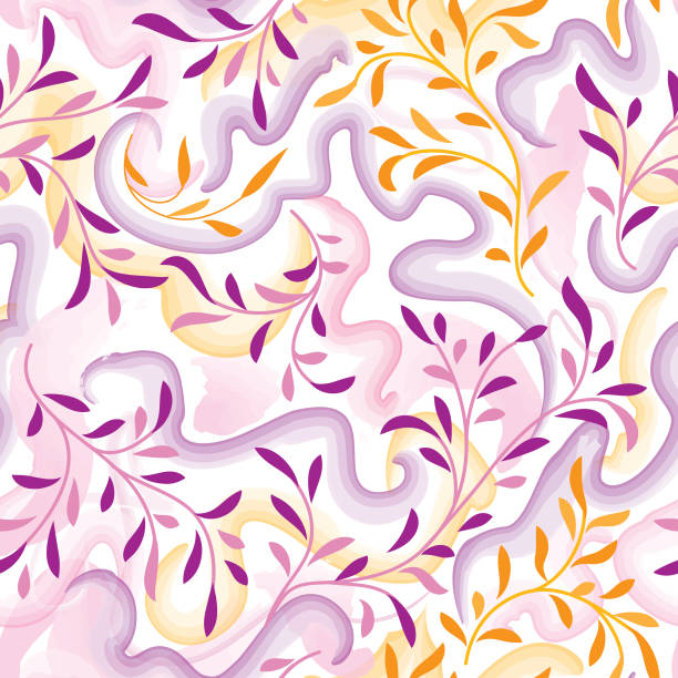 ilustrações, clipart, desenhos animados e ícones de padrão floral abstrato com linhas de redemoinho salpicadas e aquarela. floresça textura sem costura. ramo vetorial abstrato elegante com folhas de fundo da natureza do verão - vector branch leaf affectionate