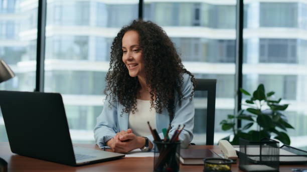 istock Girl conducting online interview at laptop in office closeup. Technology in work 1481483069