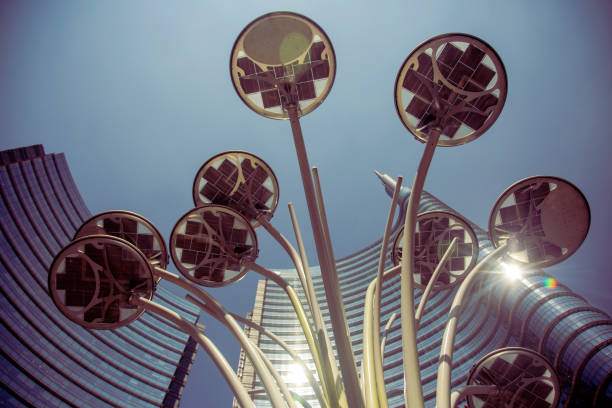 istock An eco sculpture from solar panels with the sun shining on it 1481486386