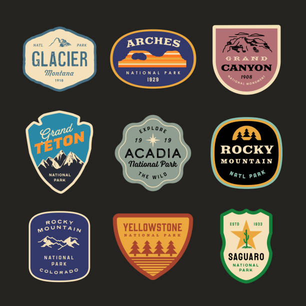 Retro National Park badges Custom designs inspired by US vintage national park badges and patches ridge stock illustrations