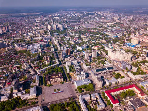 View from drone of residential areas and center of Voronezh city with Lenin Square, Russia