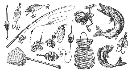 Equipment for fishing set. Fishing rod, floats and other devices for sport fishing. Sketch vector illustration