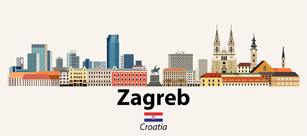 Zagreb skyline vector illustration with flag of Croatia