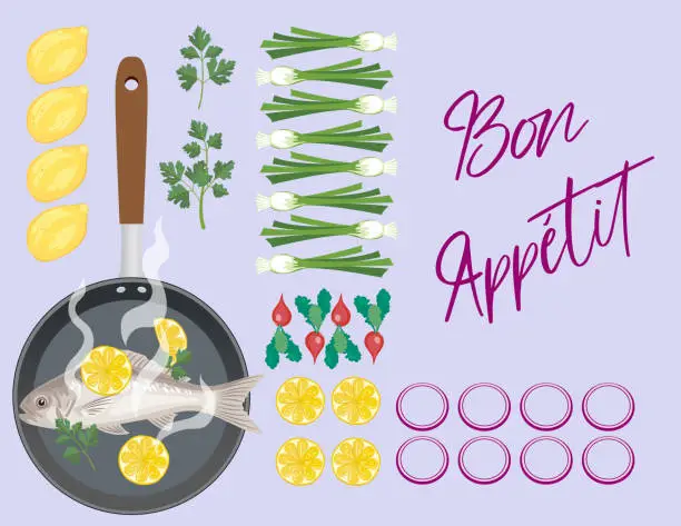 Vector illustration of Cooking And Food Flatlay or knolling Concept