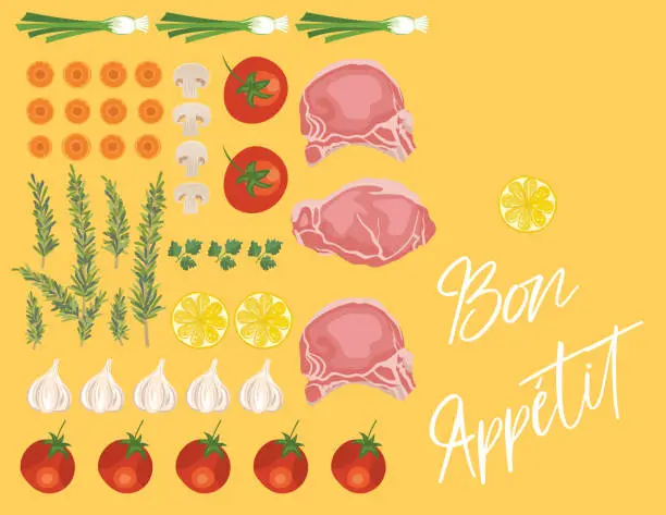 Vector illustration of Cooking And Food Flatlay or knolling Concept