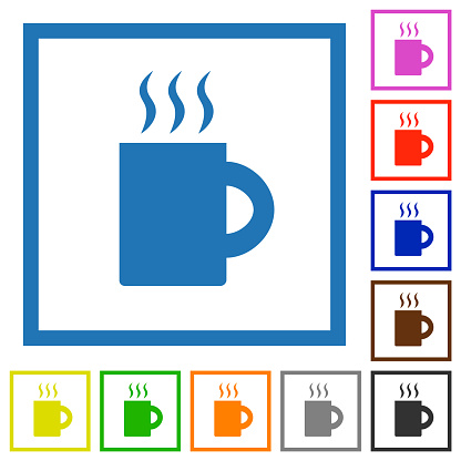 A mug of hot drink solid flat color icons in square frames on white background