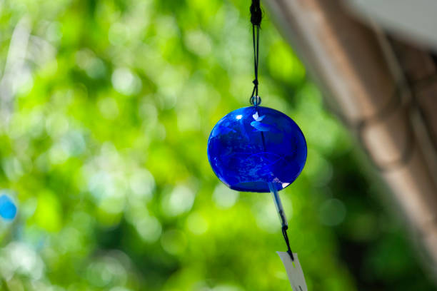 istock Blue color glass wind chime and green blur background 1481495332