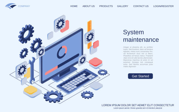 System maintenance, software update modern 3d isometric vector concept System maintenance, software update modern 3d isometric vector concept illustration. Landing page design template maintenance support stock illustrations