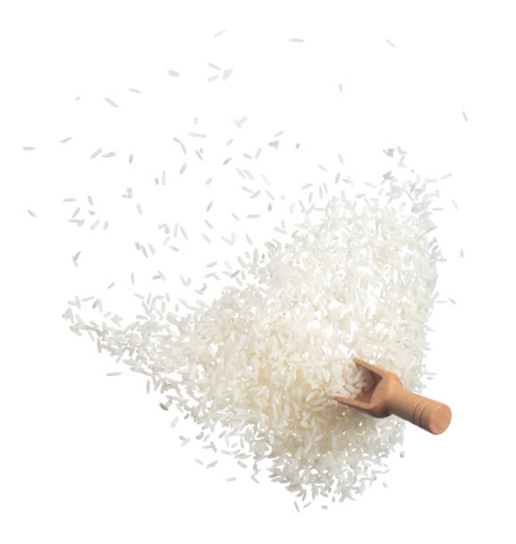 Japanese Rice in sack bag flying explosion, white grain rices fall abstract fly. Beautiful complete seed rice bag splash in air, food object design. White background isolated, high speed freeze motion