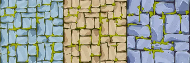 Vector illustration of Set Stone wall, pavement from bricks, rocks with moss , game background in cartoon style, seamless textured surface. Ui game asset, road or floor material. Vector illustration