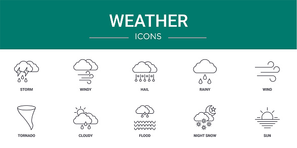 set of 10 outline web weather icons such as storm, windy, hail, rainy, wind, tornado, cloudy vector icons for report, presentation, diagram, web design, mobile app
