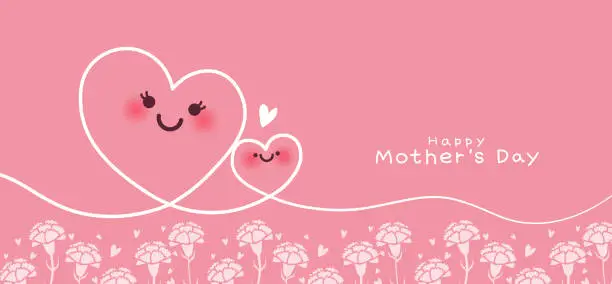 Vector illustration of Vector set of Mother's Day banner. Continuous one line drawing connecting two cute hearts symbol embracing with carnations blooming.