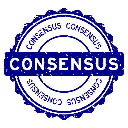 Grunge blue consensus word round rubber seal stamp on white background