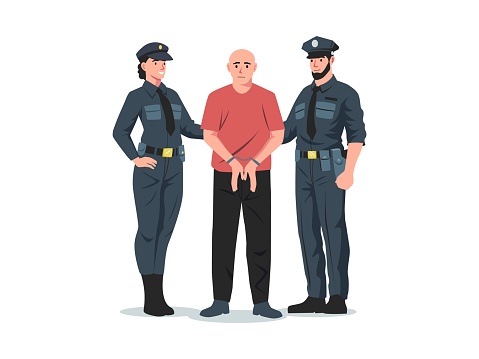 Police arrest. Policeman and policewoman arresting criminal with handcuffs, cartoon detective officers characters in uniform catched thief. Vector illustration of police arrest criminal