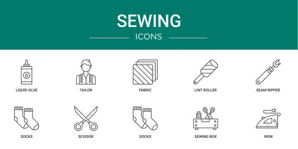 Vector illustration of set of 10 outline web sewing icons such as liquid glue, tailor, fabric, lint roller, seam ripper, socks, scissor vector icons for report, presentation, diagram, web design, mobile app