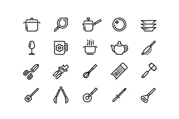 Vector illustration of Kitchenware line icons. Clean dishes cooking pot frying pan grater colander wine glass tea pot cup sauce pan outline symbols. Vector cooking utensils set editable stroke