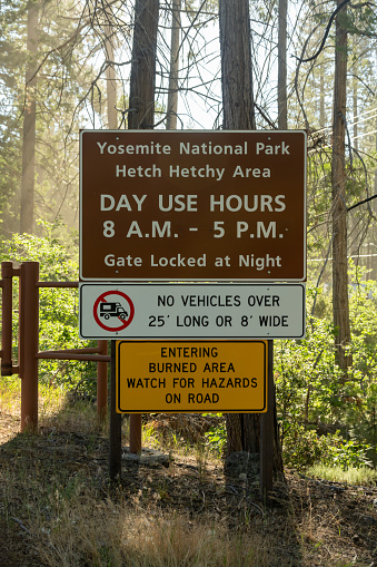 Day Use Hours Sign At The Gate To Hetch Hetchy area of Yosemite
