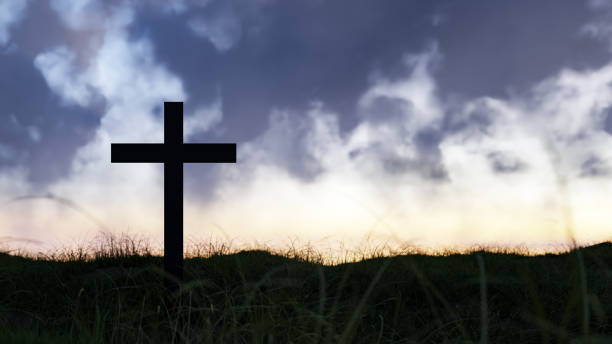 istock Sunset with clouds behind a cross on a lawn background. 3d rendering 1481522827