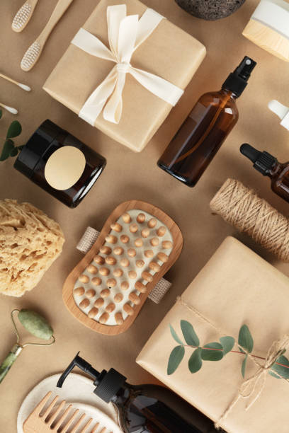 istock Flat lay composition with eco friendly personal care products on beige background with leaves shadows 1481523021
