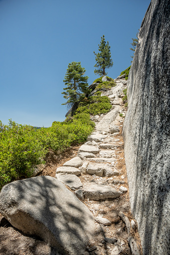 Steep Steps Drop down Narrow Trail toward North Dome in Yosemite