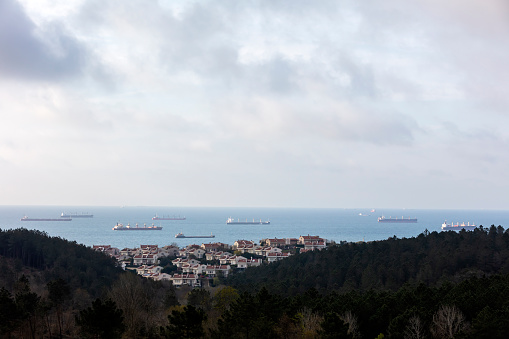 Roadstead Cargo Ships Standing On The Roadstead Stock Photo - Download Image Now ...