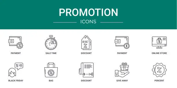 Vector illustration of set of 10 outline web promotion icons such as payment, sale time, discount, payment, online store, black friday, bag vector icons for report, presentation, diagram, web design, mobile app