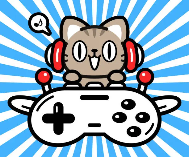 Vector illustration of Cute character design of a little cat wearing headphones and flying a plane made out of a game controller