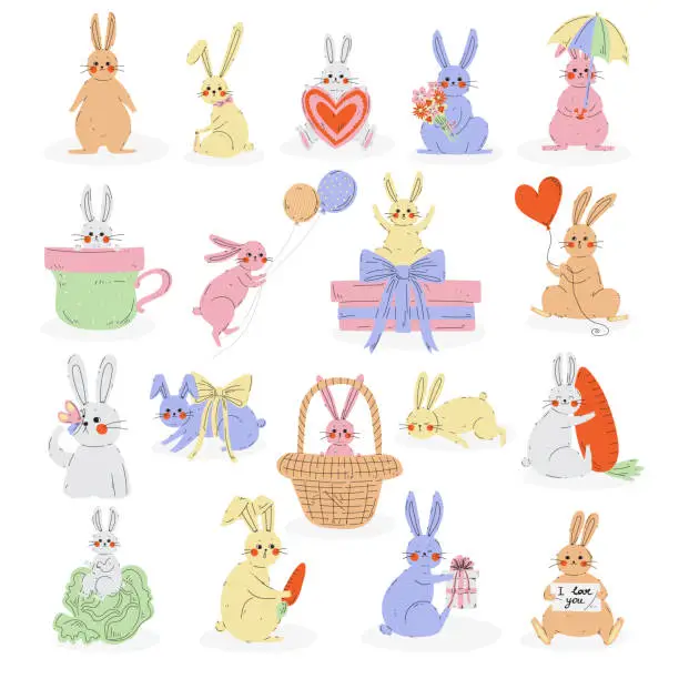 Vector illustration of Cute Rabbit or Bunny with Long Ears Engaged in Different Activity Big Vector Set