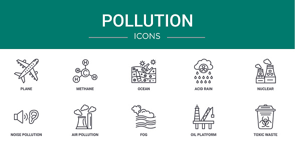 set of 10 outline web pollution icons such as plane, methane, ocean, acid rain, nuclear, noise pollution, air pollution vector icons for report, presentation, diagram, web design, mobile app