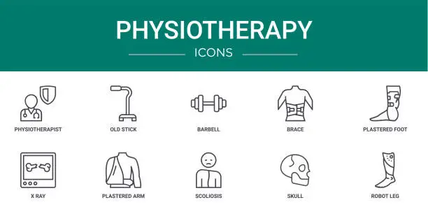 Vector illustration of set of 10 outline web physiotherapy icons such as physiotherapist, old stick, barbell, brace, plastered foot, x ray, plastered arm vector icons for report, presentation, diagram, web design, mobile
