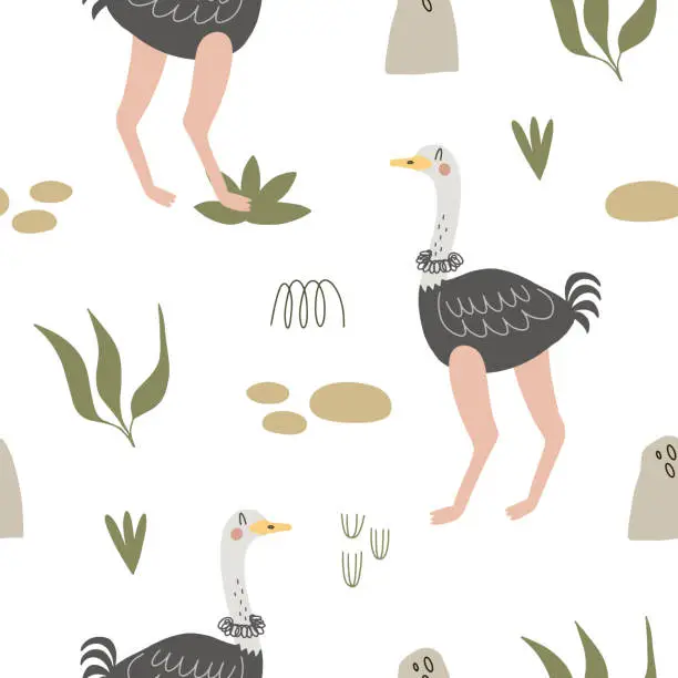 Vector illustration of Seamless pattern with cute ostrich surrounded by tropical plants. Vector illustration with warm colors on a white background for your design