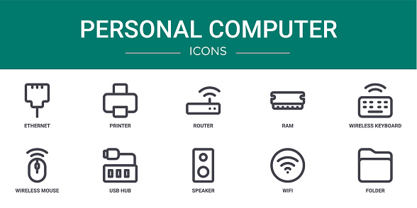 set of 10 outline web personal computer icons such as ethernet, printer, router, ram, wireless keyboard, wireless mouse, usb hub vector icons for report, presentation, diagram, web design, mobile