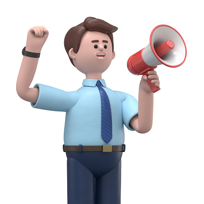 3D illustration of smiling Asian man Felix holding a speaker. Cute smiling businessman announcing over the loudspeaker by raising his hand, isolated on white background. Business advertising concept.