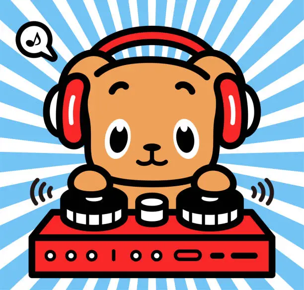 Vector illustration of Cute character design of a labrador retriever wearing headphones and playing on turntables