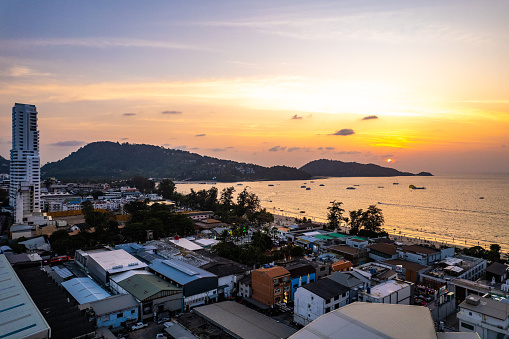 Aerial view of Patong beach at sunset, in Phuket, Thailand. High quality photo