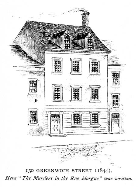 Edgar Allan Poe's Greenwich Village House, New York City, New York State, United States House at 85 West Third Street in Greenwich Village, New York City, where Edgar Allan Poe  and his wife lived from 1844-46. Illustration published 1897. The original edition is in my archives. Copyright has expired and is in Public Domain. edgar allan poe stock illustrations