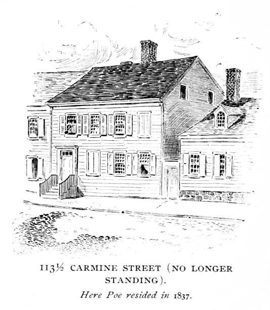 Edgar Allan Poe's Carmine Street House, New York, United States The house at 113 1/2 Carmine Street, New York, where Edgar Allan Poe lived in 1838. Illustration published 1897. The original edition is in my archives. Copyright has expired and is in Public Domain. edgar allan poe stock illustrations
