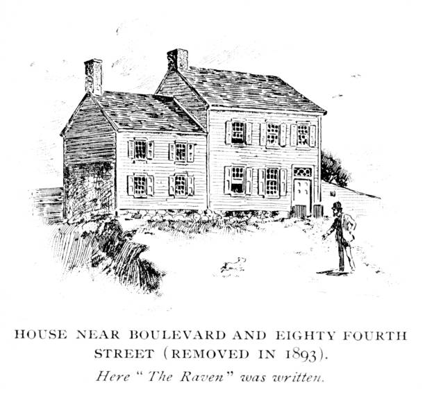 Edgar Allan Poe's New York City Residence where he wrote The Raven, New York, United States The house at Boulevard and 84th Street, New York City, New York where Edgar Allan Poe wrote "The Raven." Illustration published 1897. The original edition is in my archives. Copyright has expired and is in Public Domain. edgar allan poe stock illustrations