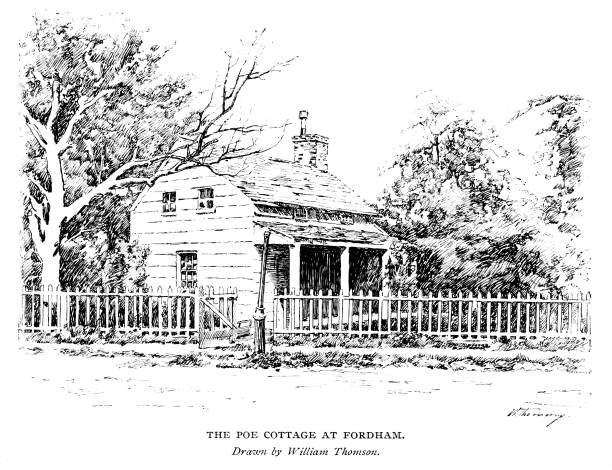 Edgar Allan Poe's Cottage in Fordham, New York, United States The cottage where Edgar Allan Poe and his wife in Fordham, New York, USA. Illustration published 1897. The original edition is in my archives. Copyright has expired and is in Public Domain. edgar allan poe stock illustrations