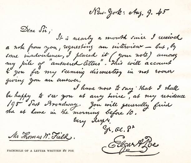 Edgar Allan Poe Letter, Poet and Author A letter written in Edgar Allan Poe's handwriting granting an interview after he had misplaced the request. Poe was an American poet and author. Illustration published 1897. The original edition is in my archives. Copyright has expired and is in Public Domain. edgar allan poe stock illustrations