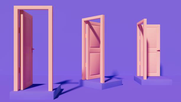 istock open pink doors on purple stage, opportunity concept, 3d rendering 1481538491